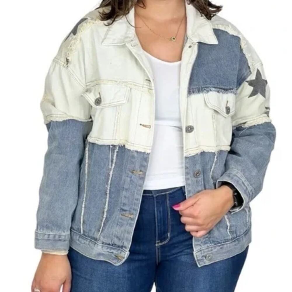 POL Denim Look Up At The Stars Jean Jacket Relaxed Oversized Women Size S